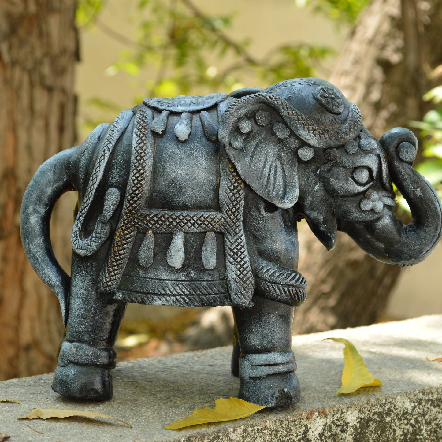 7" Earthen Elephant Figurine – Stone-Finish Decorative Sculpture