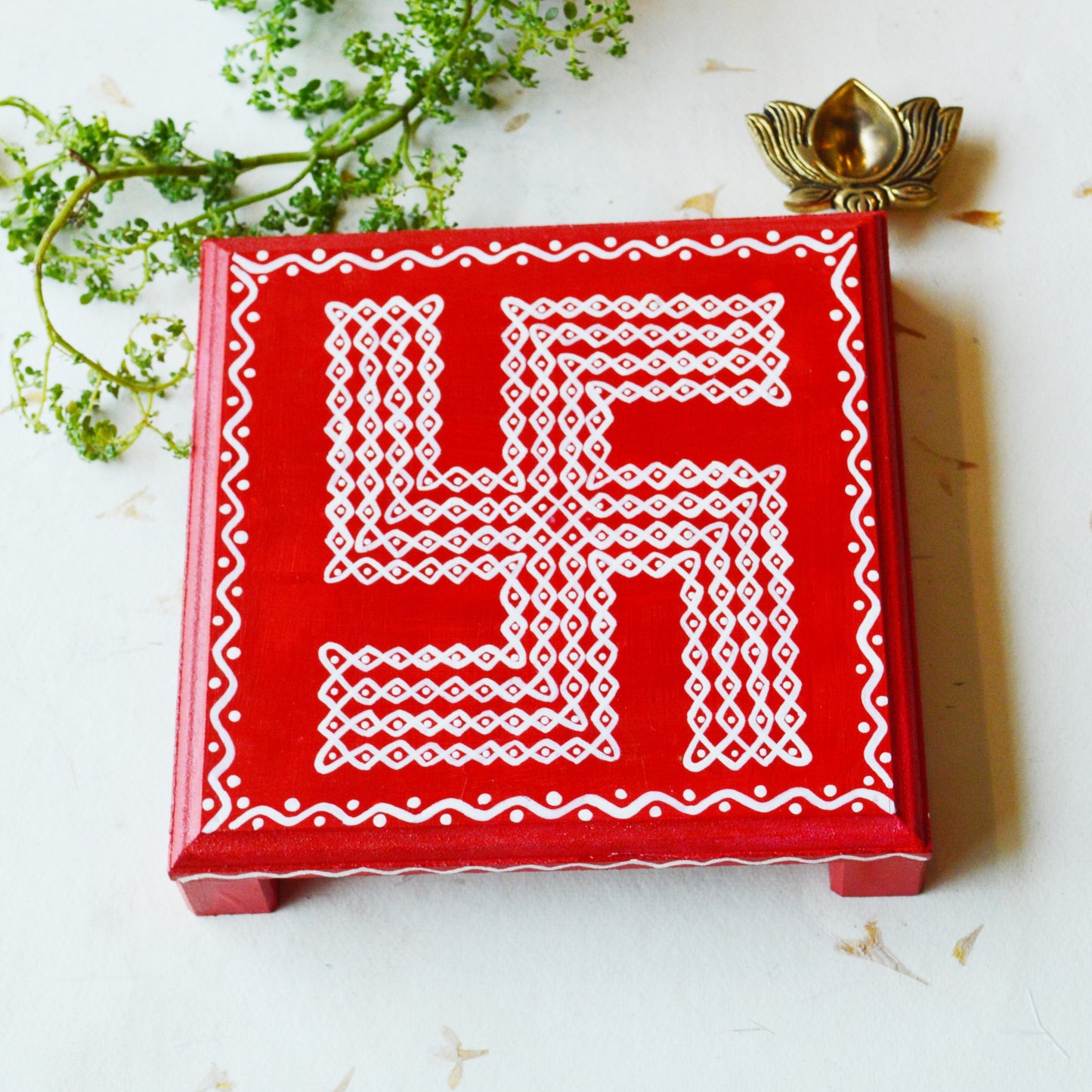Auspicious Swastik Kolam Manai (Red)