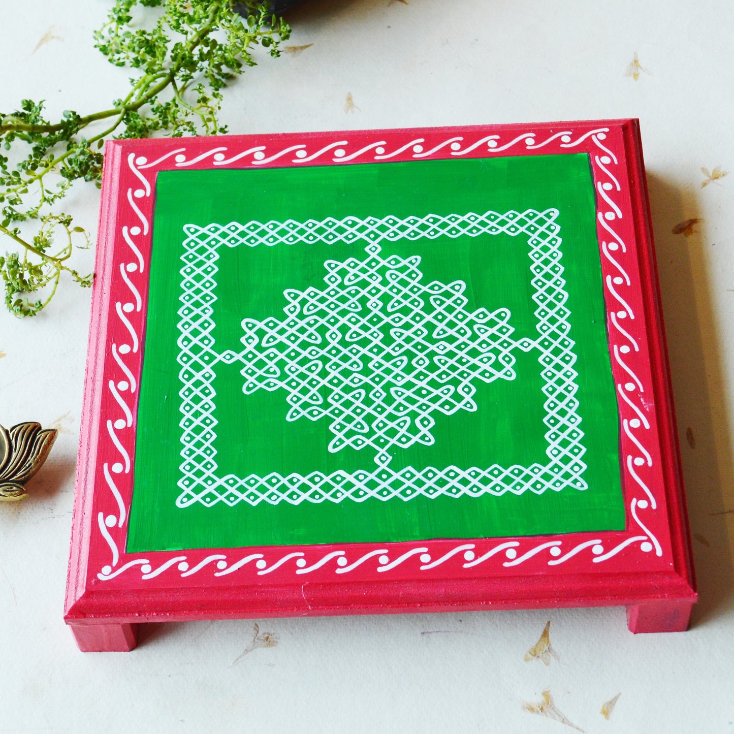 Hand-Painted Kolam Manai – Pink & Green Wooden Chowki With Traditional Design