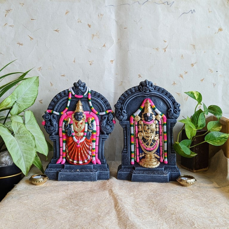 Handcrafted Perumal and Thayar idol set with stone finish, vibrant colors, and traditional detailing for Navaratri Golu.
