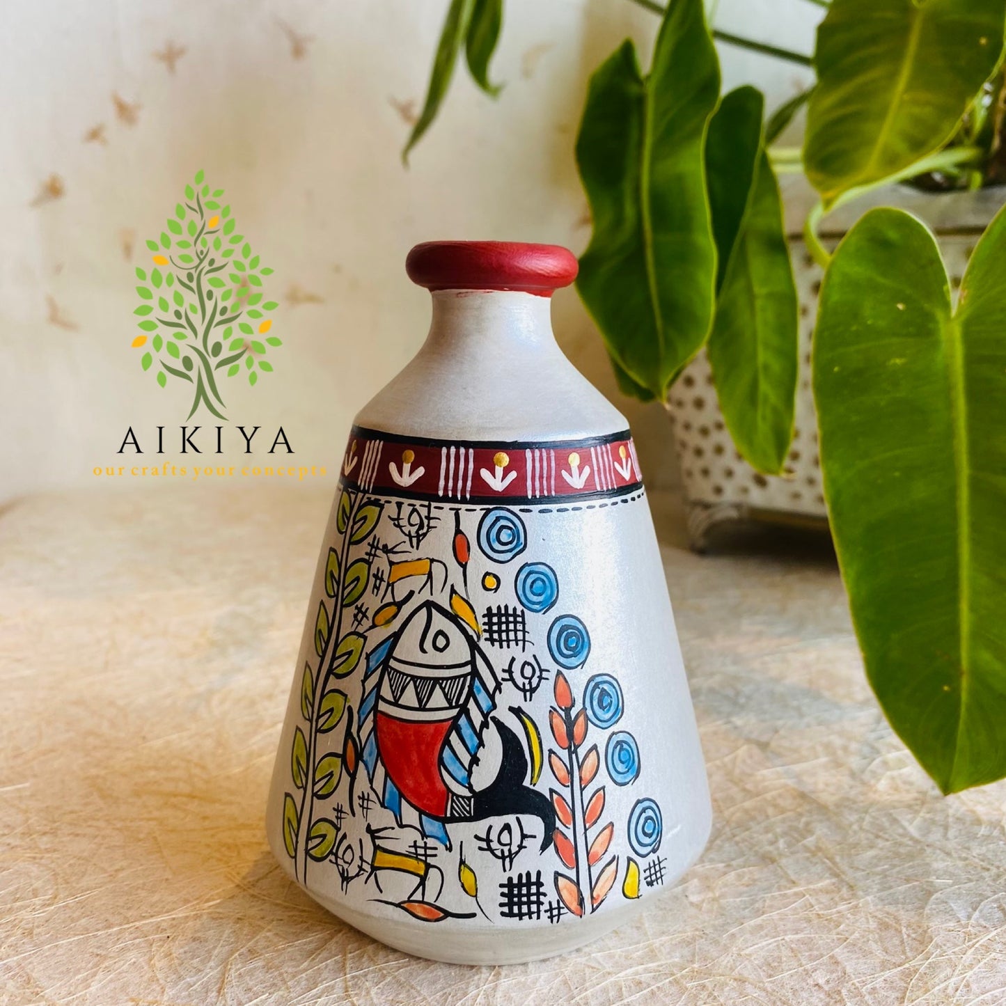 Conical Earthenware Vase In Silver-White Finish With Madhubani Fish Art