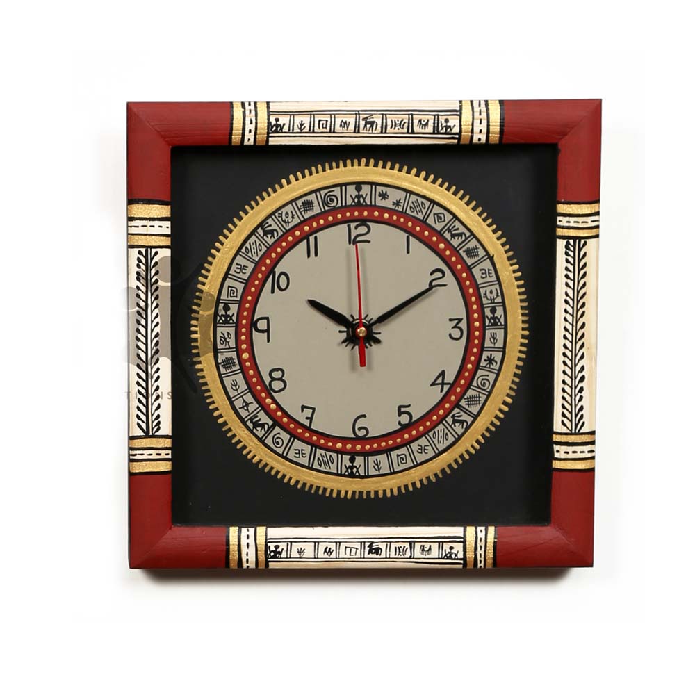 Handcrafted square wooden wall clock with tribal motifs, red and black frame, and gold accents.
