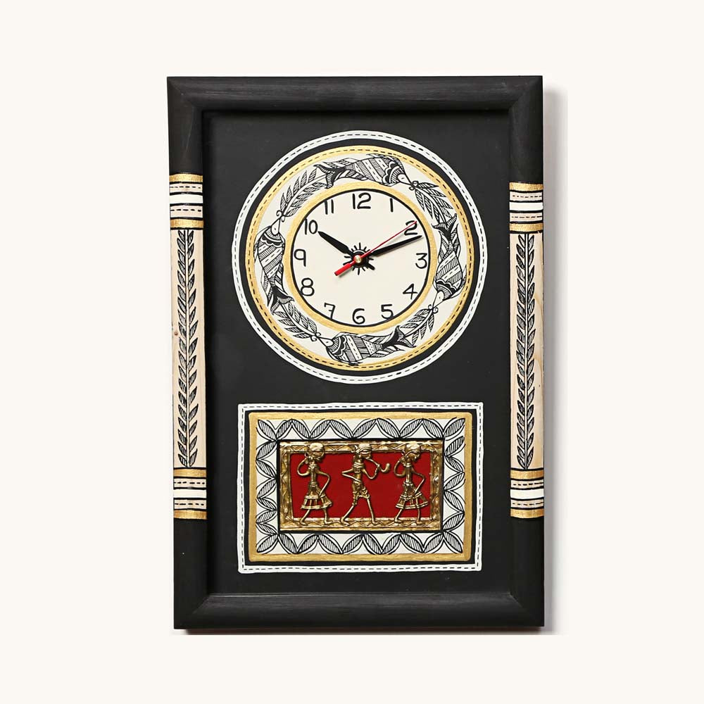 Handcrafted wooden wall clock with tribal art in a monochrome theme, featuring black and white motifs and a red tribal art panel.