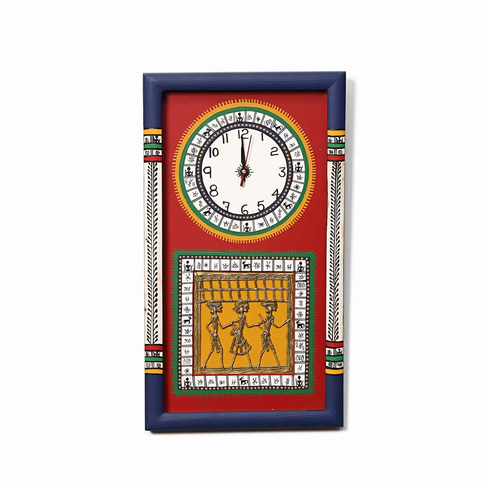 Handcrafted wooden wall clock with tribal art on a yellow background, dual panel design, and a bold blue frame with hand-painted motifs.