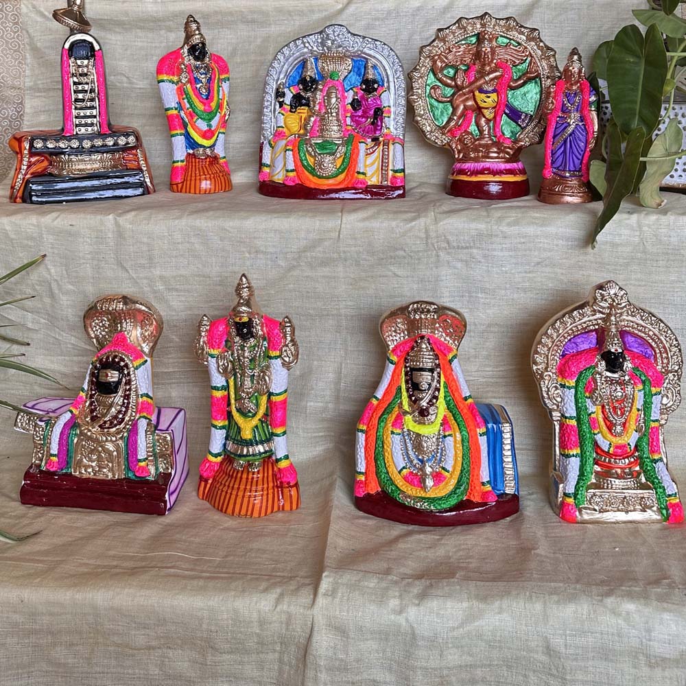 Handcrafted Panchabootha Thalangal idol set featuring five elemental temples, vibrantly painted and adorned with traditional details.