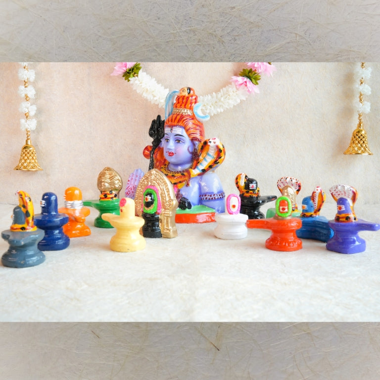 Navarathri Golu Dolls Jyothi Lingam Set with vibrant Shiva Lingams and a central Shiva idol, beautifully handcrafted and painted.