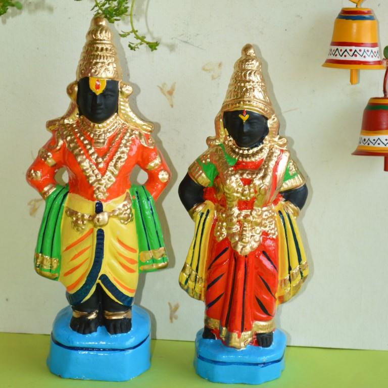 Handcrafted Navarathri Golu doll set of Pandurangan and Rukmini (Raghumayi) in vibrant colors, featuring intricate detailing and a traditional South Indian design.