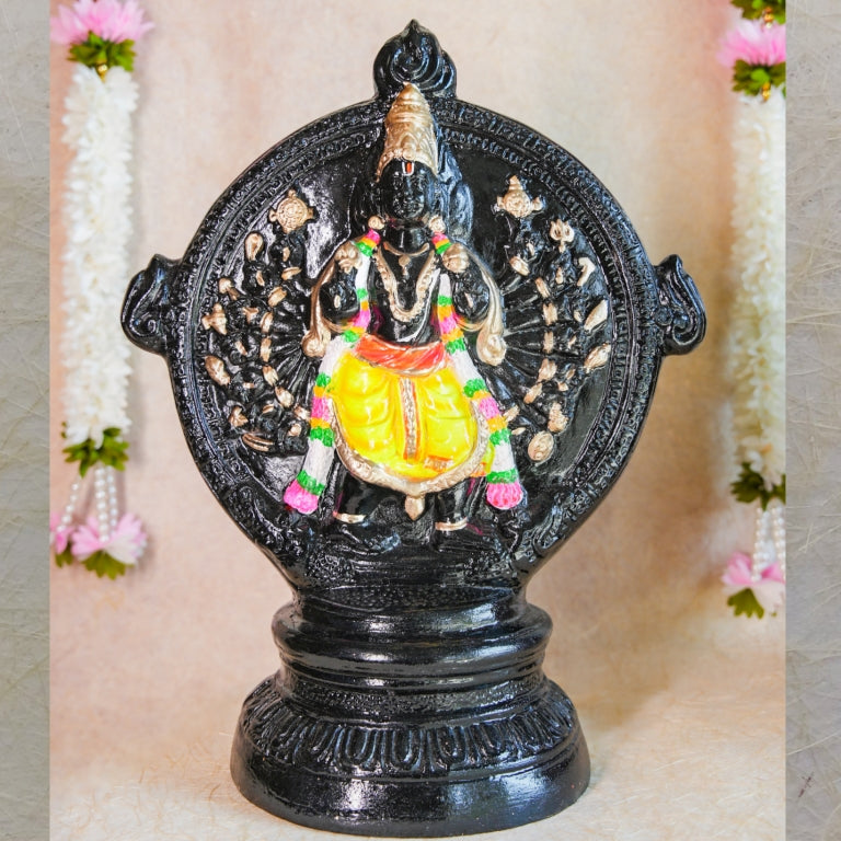 Handcrafted Navarathri Golu doll of Chakrathalwar in a stone finish with intricate detailing and vibrant accents.