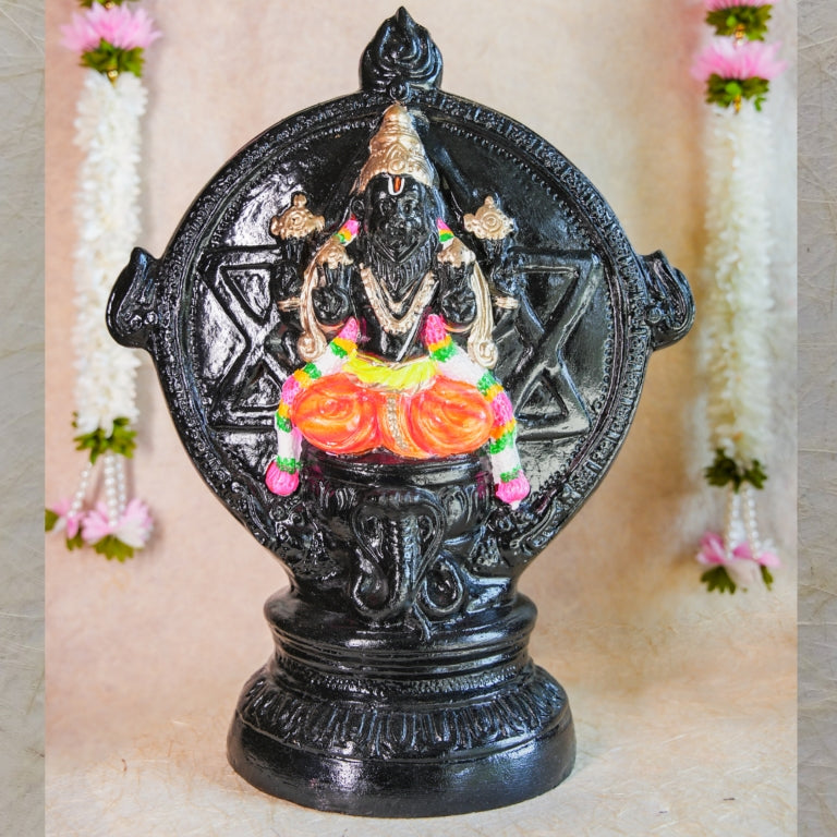 Handcrafted Navarathri Golu doll of Chakrathalwar in a stone finish with intricate detailing and vibrant accents.