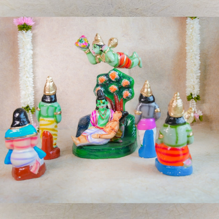 Handcrafted Ramayana Golu Dolls depicting Hanuman carrying the Sanjeevani hill, with Lord Rama, Lakshmana, and Vanara warriors.