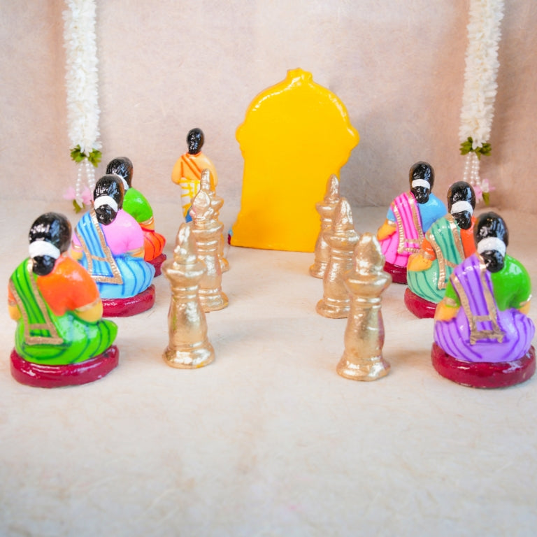 Handcrafted Navarathri Golu Dolls Lakshmi Vilakku Poojai set featuring Goddess Lakshmi, devotees, and traditional lamps in vibrant colors.