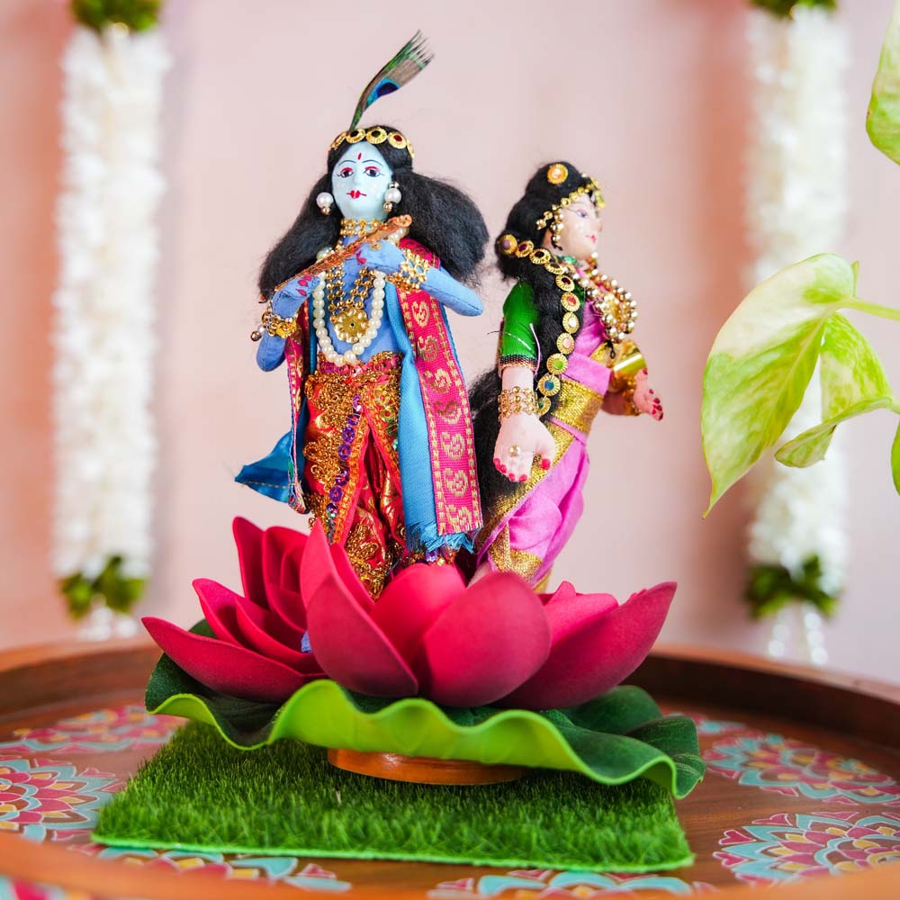 Navaratri Radha Krishna Dolls on a Lotus Base – Handcrafted Festive Decor for Golu Displays.