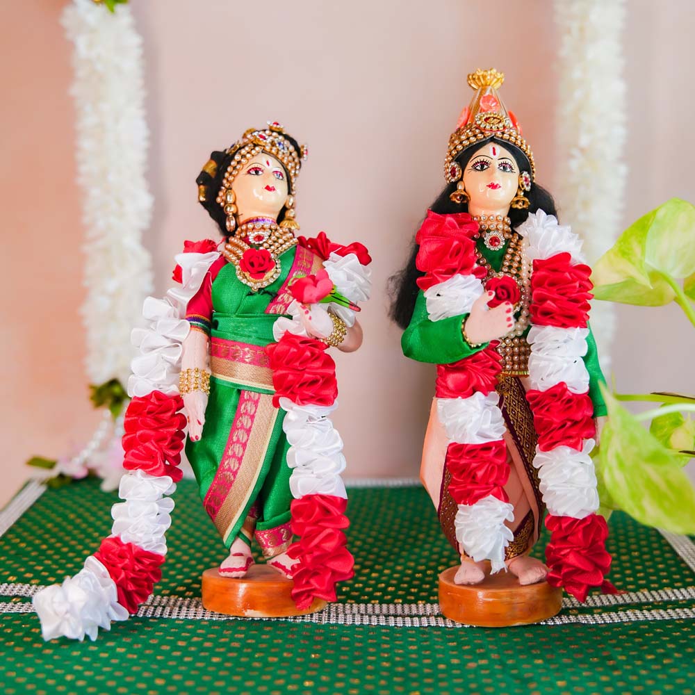 Handcrafted Andal & Krishna Costume Dolls in Traditional Attire with Garlands for Navaratri Golu Display.