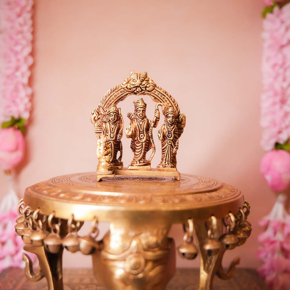 Handcrafted Brass Ram Durbar Set featuring idols of Lord Rama, Goddess Sita, Lakshmana, and Hanuman with intricate detailing.