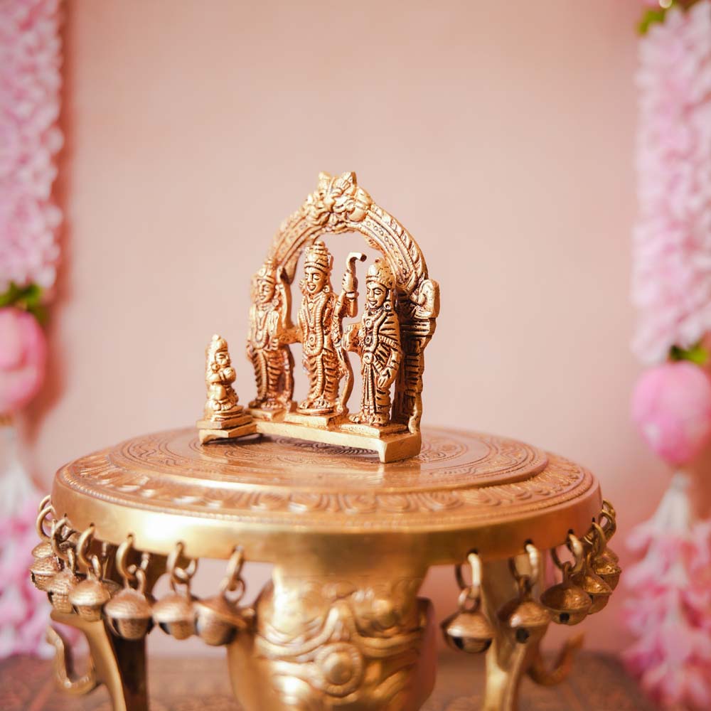 Handcrafted Brass Ram Durbar Set featuring idols of Lord Rama, Goddess Sita, Lakshmana, and Hanuman with intricate detailing.