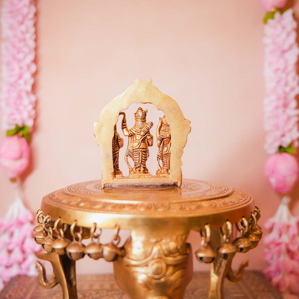 Handcrafted Brass Ram Durbar Set featuring idols of Lord Rama, Goddess Sita, Lakshmana, and Hanuman with intricate detailing.