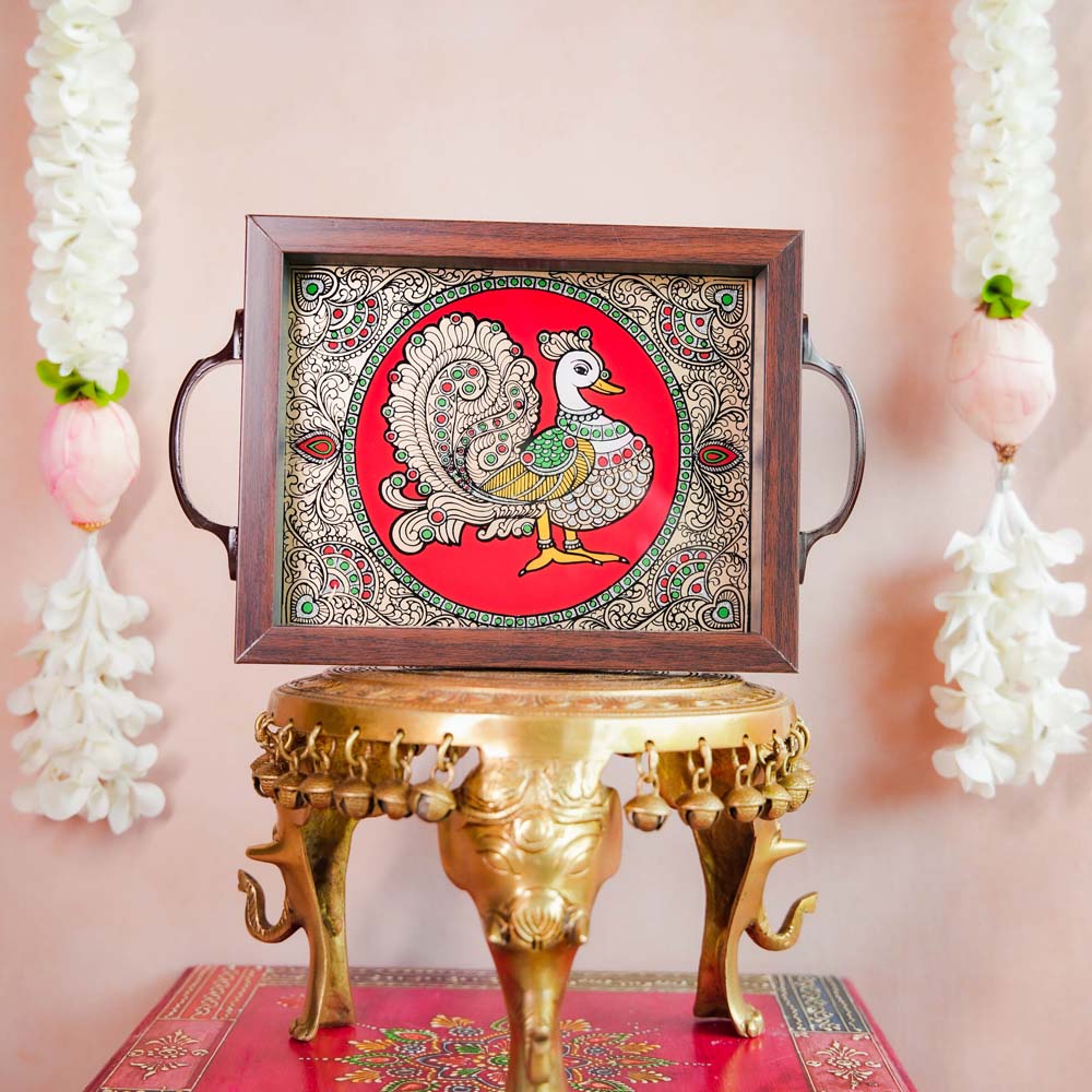 Decorative tray featuring a hand-painted Annam (swan) design on a vibrant Red background, framed with dark wood and metallic handles, displayed on a traditional brass stand.
