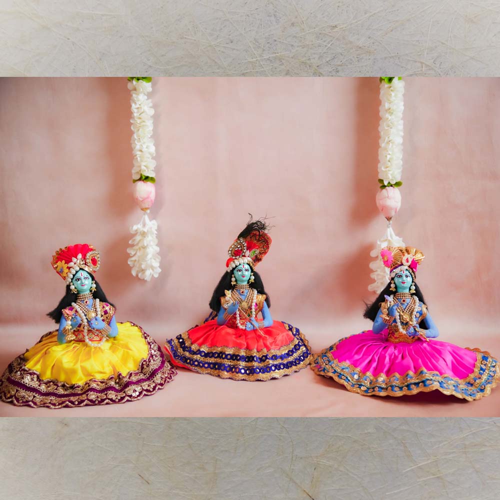 Navaratri Krishna Costume Dolls in Assorted Colours – Handcrafted Festive Golu Display Decor.