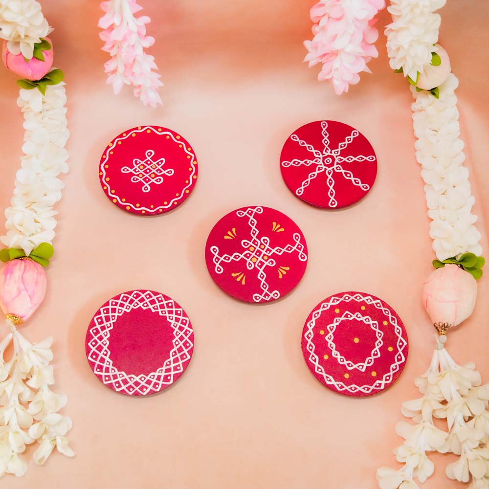 Set of 2 handcrafted Round Kolam Manai in Red with white kolam designs, ideal for pooja decor and festive occasions.