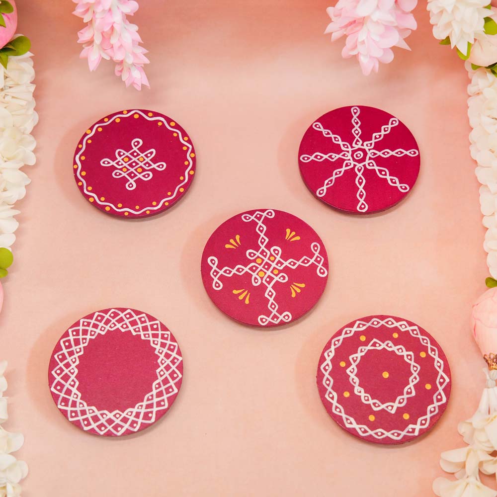 Set of 2 handcrafted Round Kolam Manai in Maroon with white kolam designs, ideal for pooja decor and festive occasions.