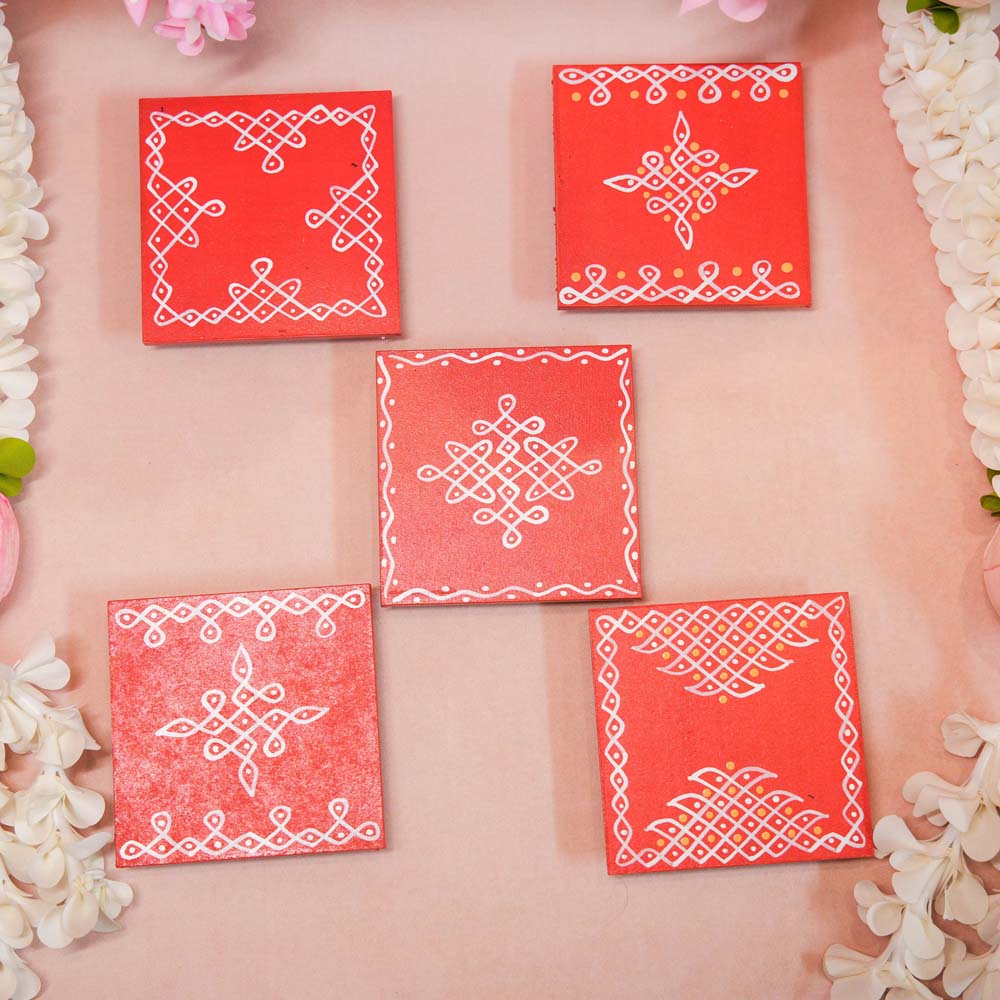 Set of 2 handcrafted Square Kolam Manai in Orange with red kolam patterns, perfect for pooja or festive decor.