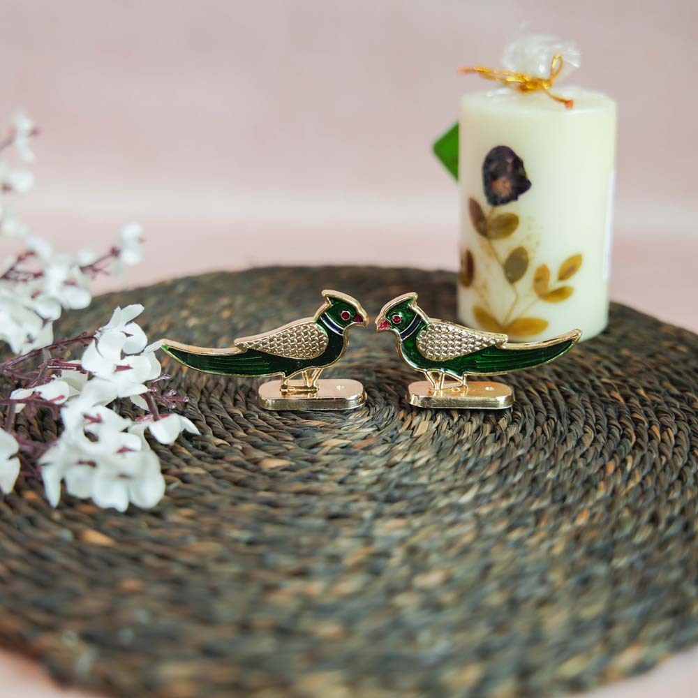 Miniature Parrot Decor Set with Golden Finish and Green Enamel Detailing.