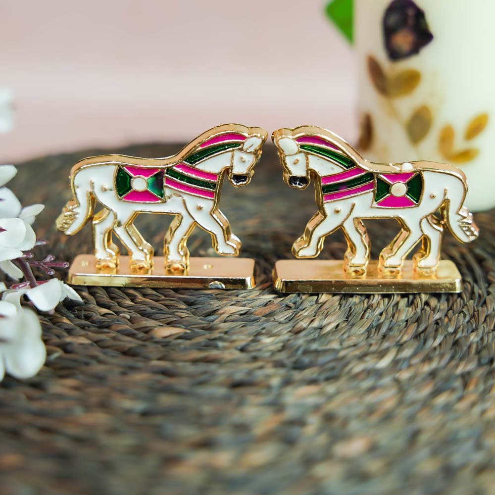 Miniature Horse Decor Set with Golden Finish and Multicolor Enamel Detailing.