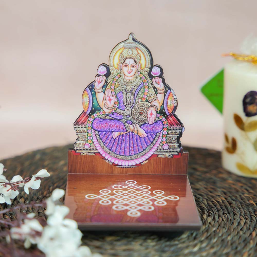Lakshmi Diya Wall Stand with kolam base design and vibrant traditional artwork, ideal for puja and festive decor.