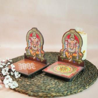 Ganesh Diya Wall Stand with assorted Sri Yantra and kolam base designs, perfect for puja decor and spiritual ambiance.