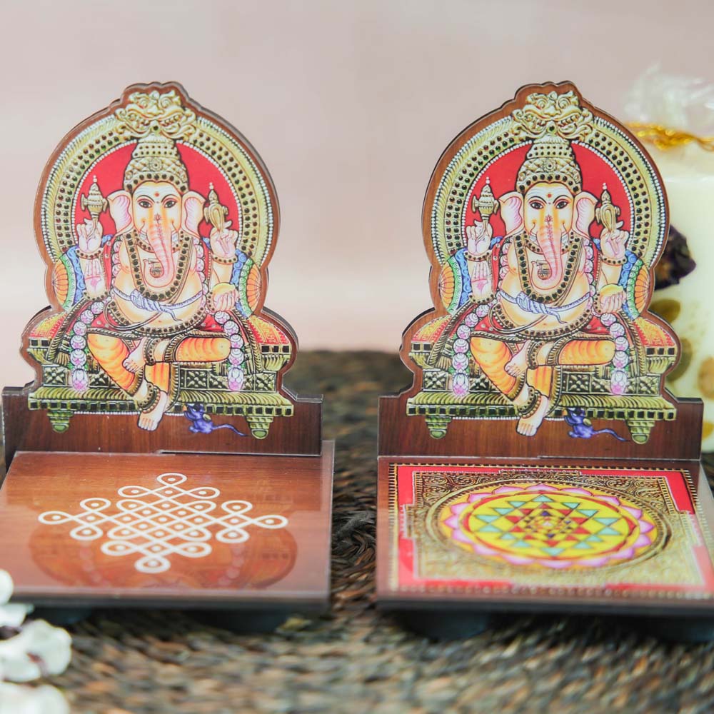 Ganesh Diya Wall Stand with assorted Sri Yantra and kolam base designs, perfect for puja decor and spiritual ambiance.