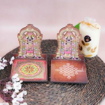 Perumal Diya Wall Stand with assorted designs featuring Sri Yantra and kolam pattern bases for puja decor.