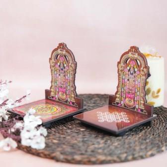Perumal Diya Wall Stand with assorted designs featuring Sri Yantra and kolam pattern bases for puja decor.