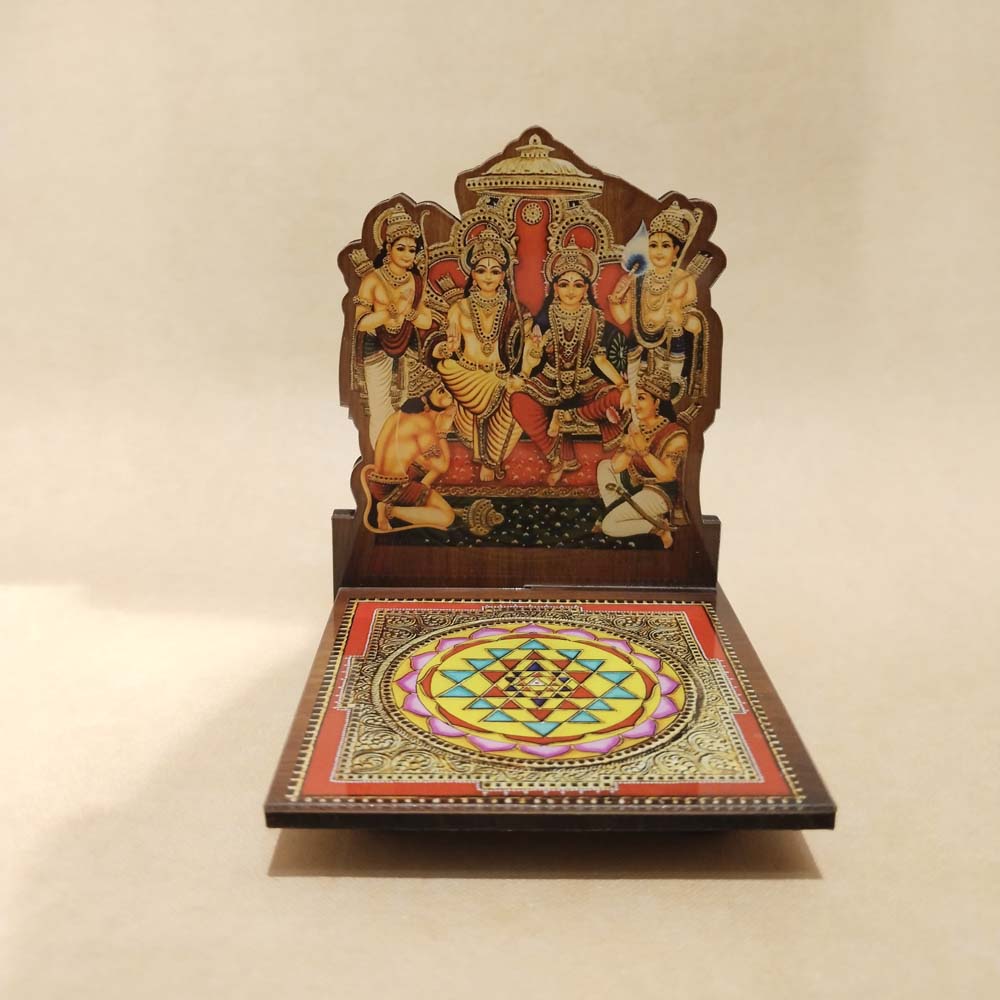 Handcrafted Perumal Thayar Diya Wall Stand featuring Lord Vishnu and Goddess Lakshmi with a Sri Yantra design base for puja and decor.