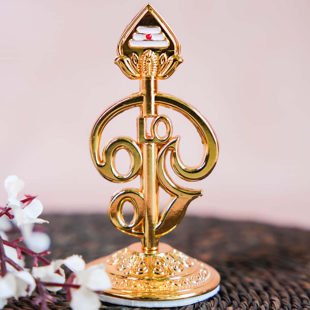 Gold-finish decor piece featuring the Om symbol with a Vel, intricately designed for spiritual and aesthetic appeal.