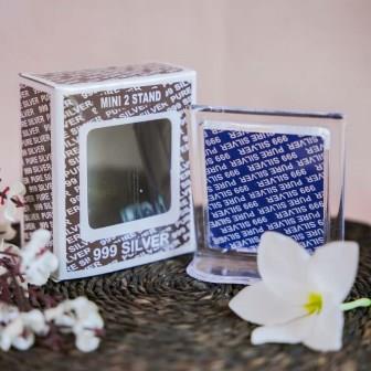 Silver Radha Krishna Frame in a Transparent Stand with Detailed Silver Depiction of Radha and Krishna.