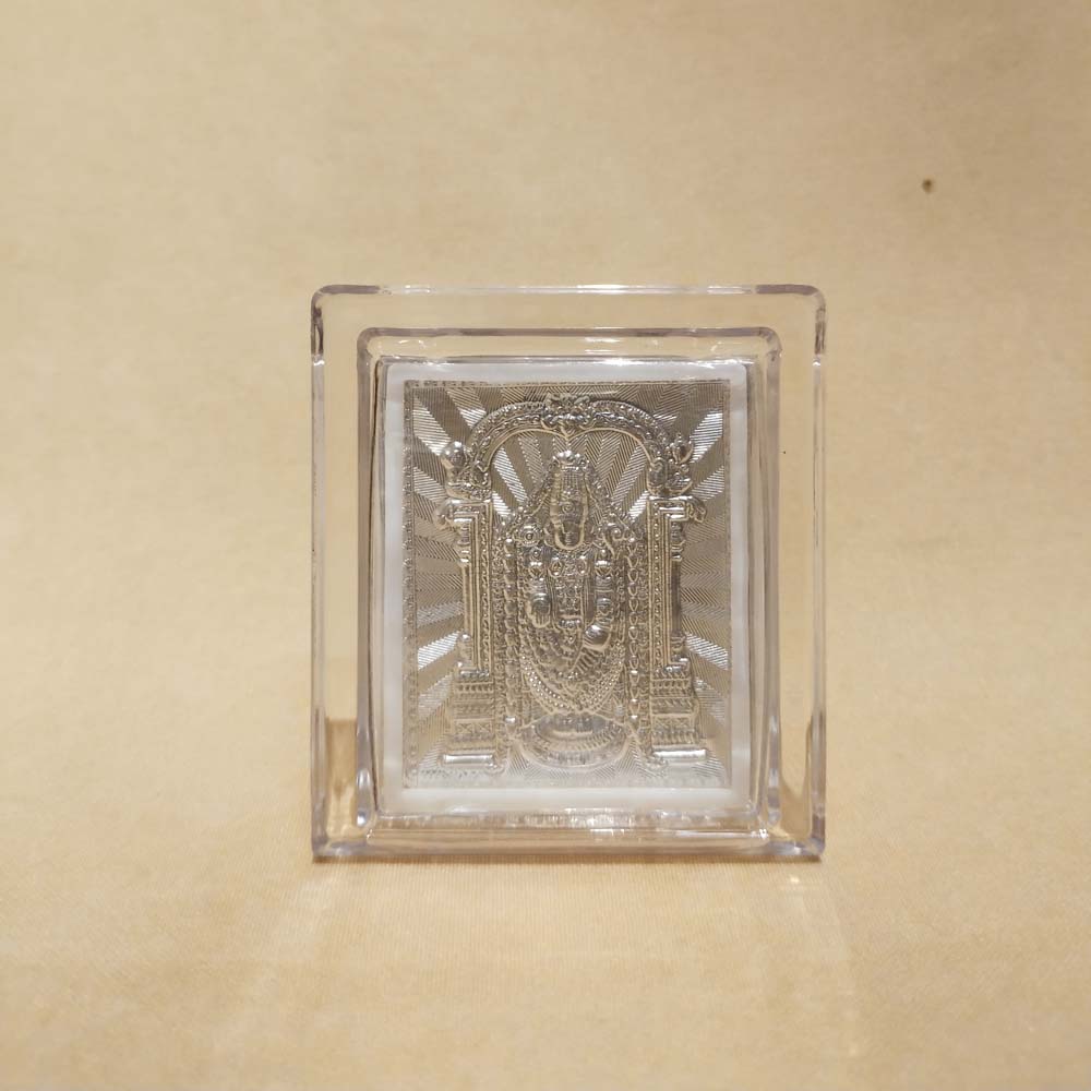 Silver Balaji Frame in a Transparent Stand with Detailed Silver Depiction of Lord Balaji.