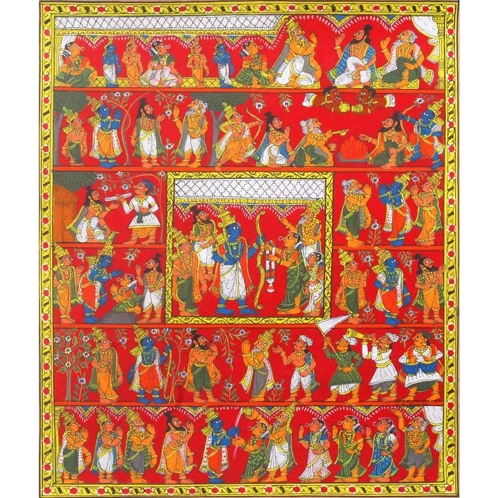 Traditional Pattachitra Ramayana Canvas Painting – Handpainted Folk Art In Bold Red