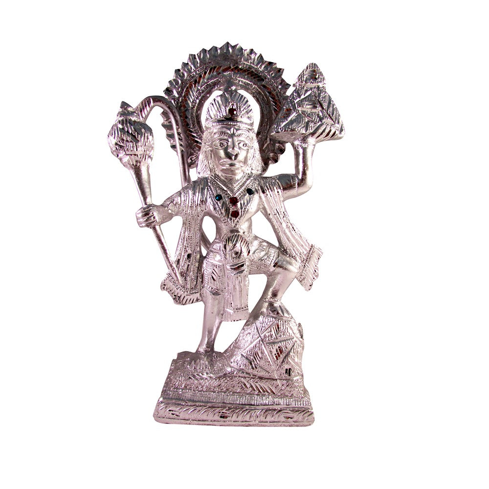 Silver-Toned Lord Hanuman Idol – Sanjeevani Parvat Pose For Devotion & Strength