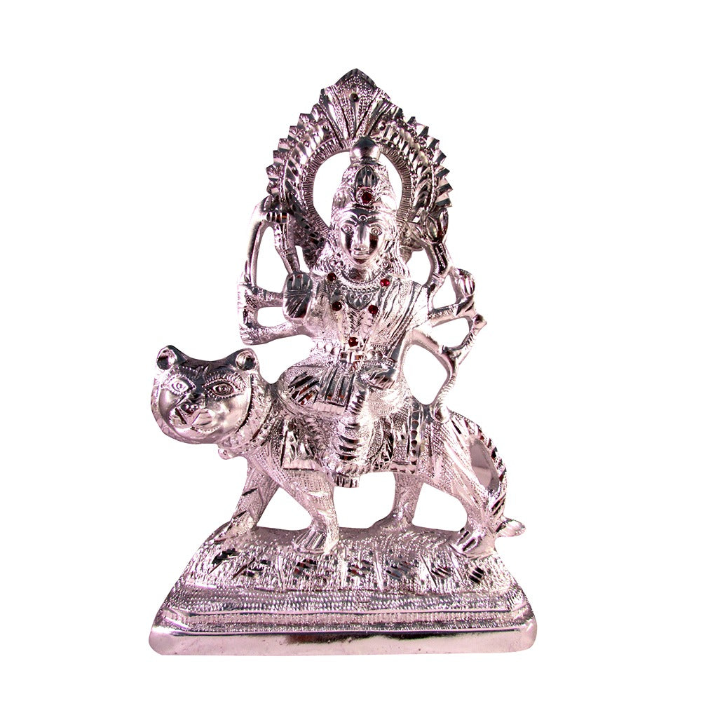 Silver-Toned Goddess Durga Idol On Lion – Shakti Murti For Strength & Protection