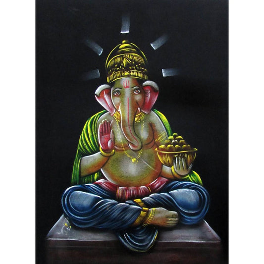 Divine Radiance Ganesha Black Satin Painting
