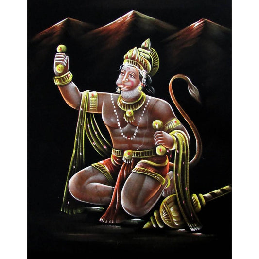 Powerful Lord Hanuman Black Satin Painting