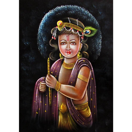 Divine Bala Krishna Black Satin Painting