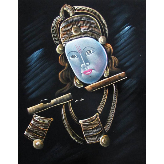 Serene Blue Krishna Black Satin Painting