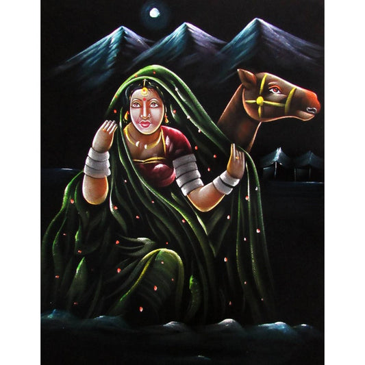 Rajasthani Lady With Camel Black Satin Painting