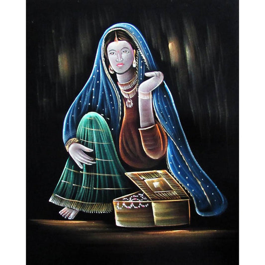 Rajasthani Lady With Jewelry Box Black Satin Painting
