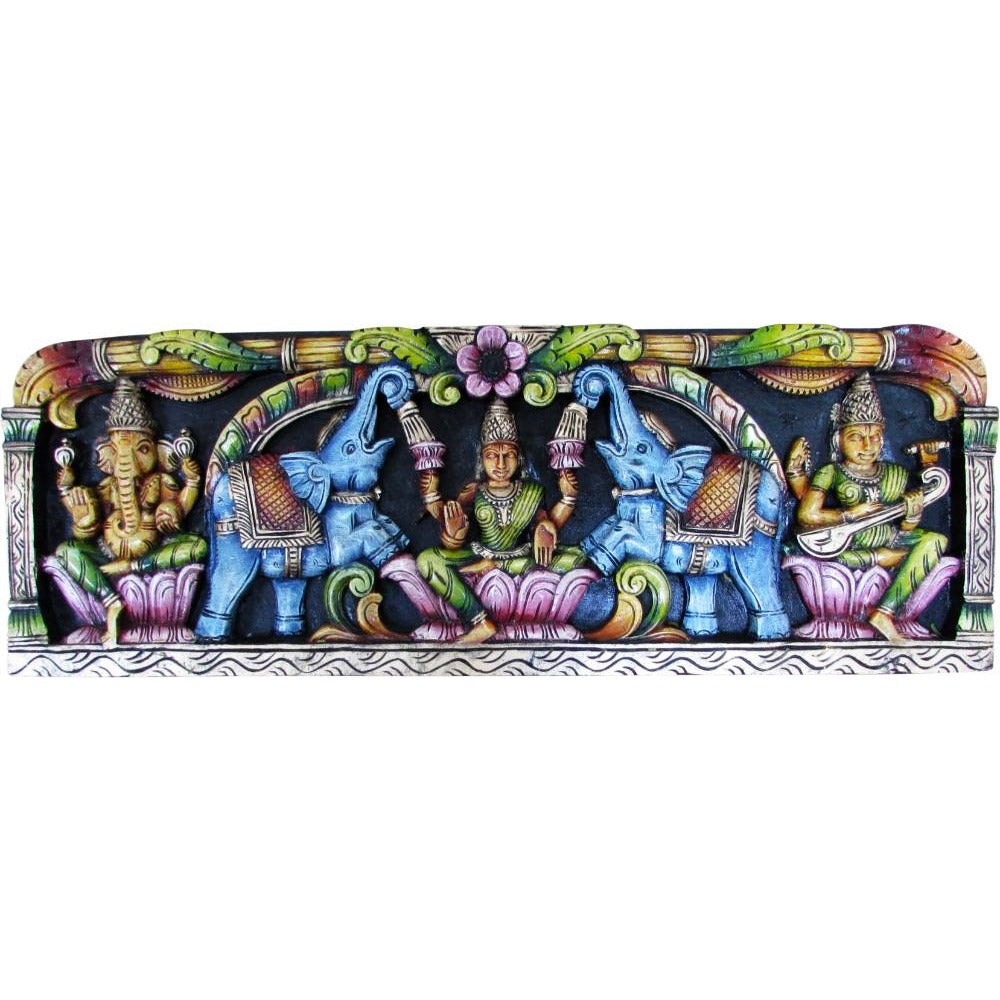 Enduring Lakshmi Ganesha Saraswati Wall Panel – Hand-Carved Wooden Sculpture With Elephants