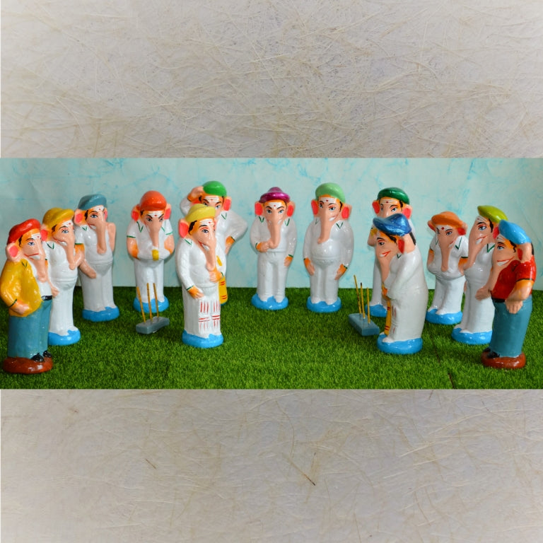 Handcrafted Ganesh Cricket figurine set featuring Lord Ganesha and team playing cricket with vibrant details for Navaratri Golu.