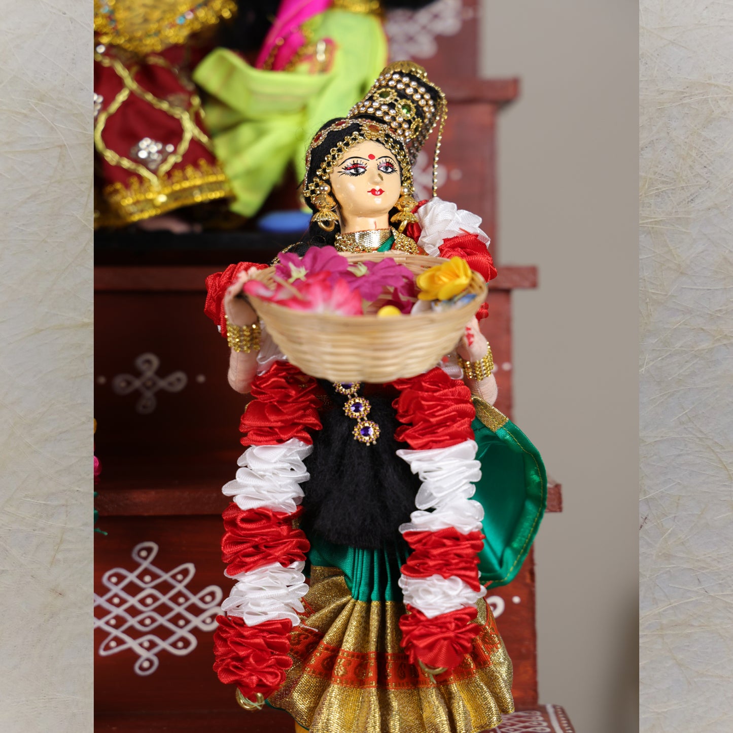 Handcrafted Andal Costume Dolls in Traditional Sarees and Jewelry for Navaratri Golu Display.