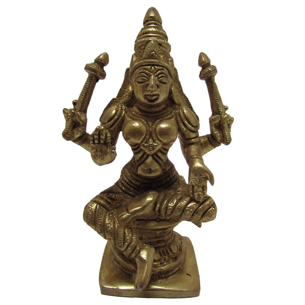 Eternal Lakshmi brass idol depicting the Goddess of Wealth and Prosperity, intricately crafted for pooja and home decor.