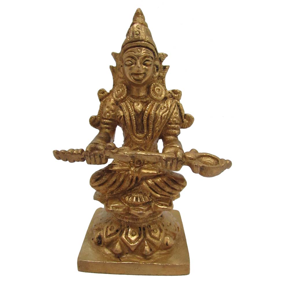Handcrafted brass idol of Goddess Saraswathi holding a veena, symbolizing wisdom and creativity.